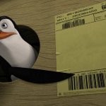 Penguin pointing at shipping label