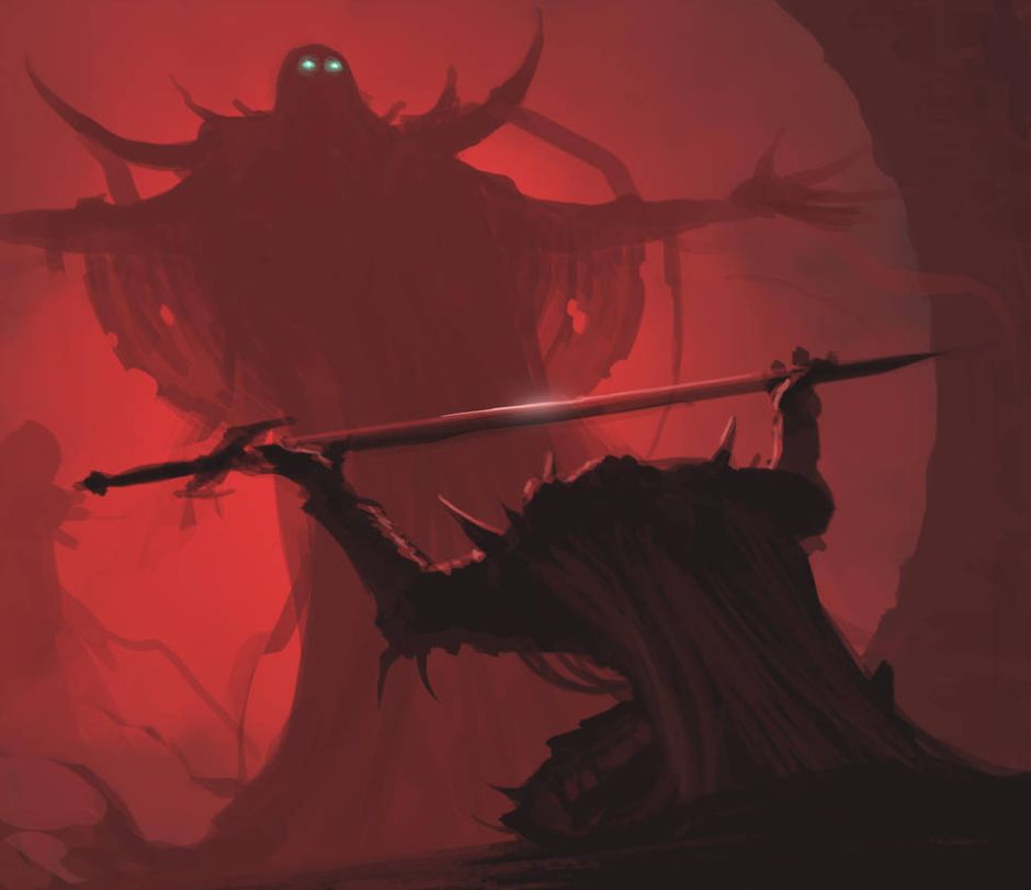 Man giving sword to larger man